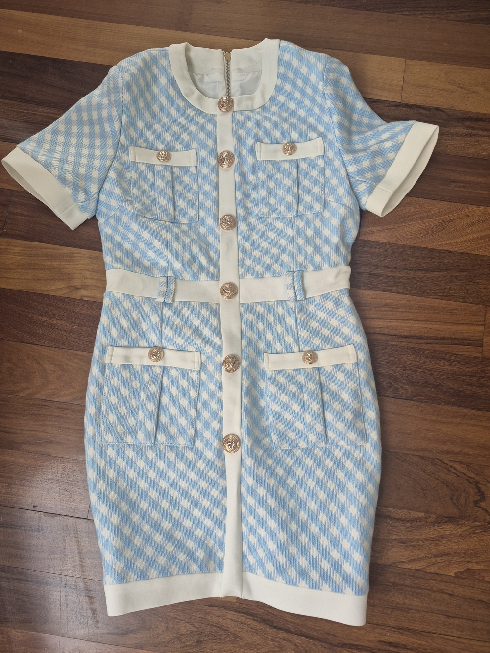Blue and White Gingham Jacquard Minidress